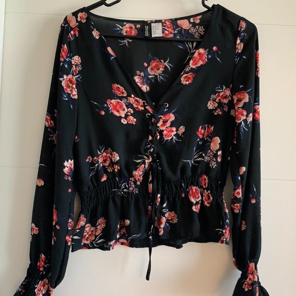 H&M Black Floral Chiffon Blouse